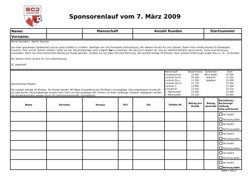 Sponsorenzettel fÃ¼r Sponsorenlauf 2009 - SC Jegenstorf