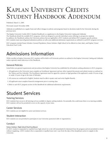 kaplan university credits student handbook addendum