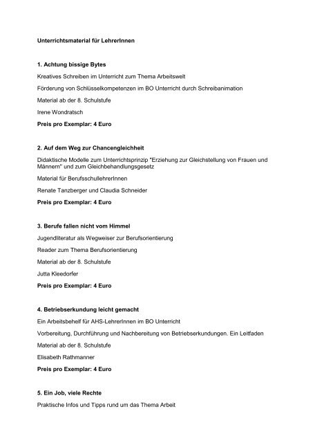 Liste der verfügbaren Unterrichtsmaterialien inkl. Preise (pdf)