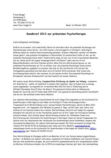 Rundbrief 2013 zur prÃ¤natalen Psychotherapie - Franz Renggli