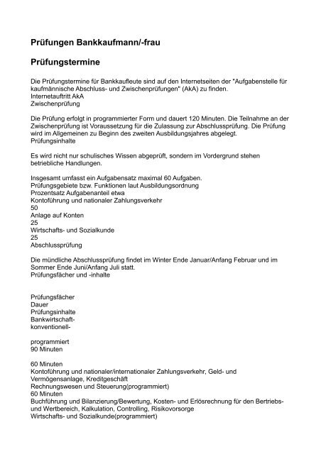 Prufungen Bankkaufmann Frau Prufungstermine