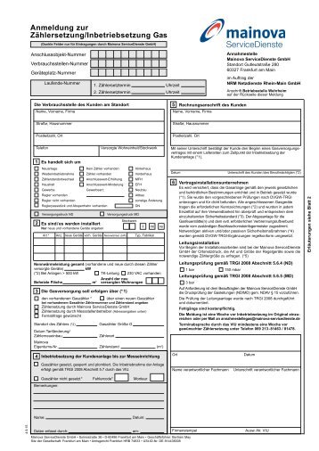 Anmeldung zur Zählersetzung / Inbetriebsetzung Gas im PDF-Format