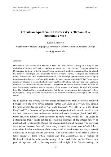 Christian Apatheia in Dostoevsky's 'Dream of a Ridiculous Man'