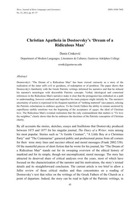 Christian Apatheia in Dostoevsky's 'Dream of a Ridiculous Man'