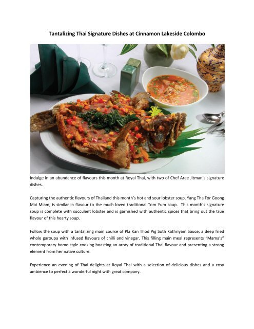 Tantalizing Thai Signature Dishes at Cinnamon Lakeside Colombo