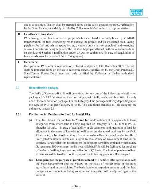 Resettlement & Rehabilitation (R&R) Policy - Ntpc