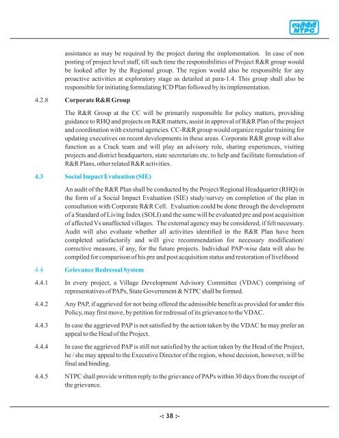 Resettlement & Rehabilitation (R&R) Policy - Ntpc