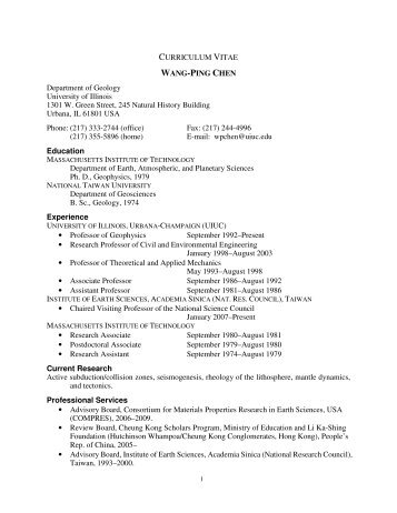 CURRICULUM VITAE WANG-PING CHEN Department of Geology ...