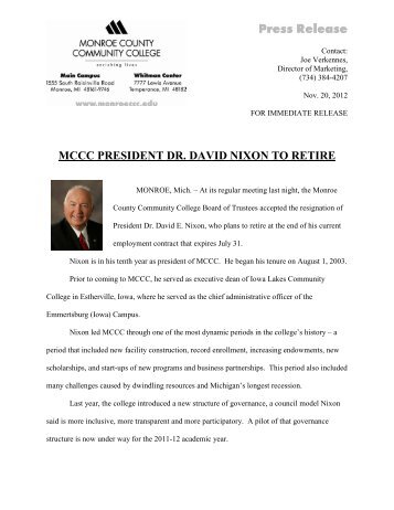 mccc president dr. david nixon to retire - Monroe County Community ...