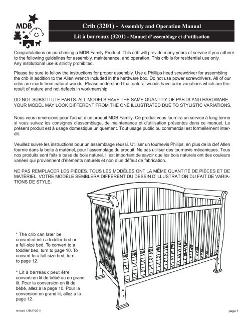 Crib 3201 Assembly And Operation Manual Davinci Baby