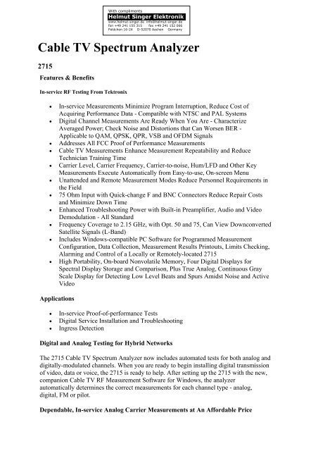 Cable TV Spectrum Analyzer - Helmut Singer Elektronik