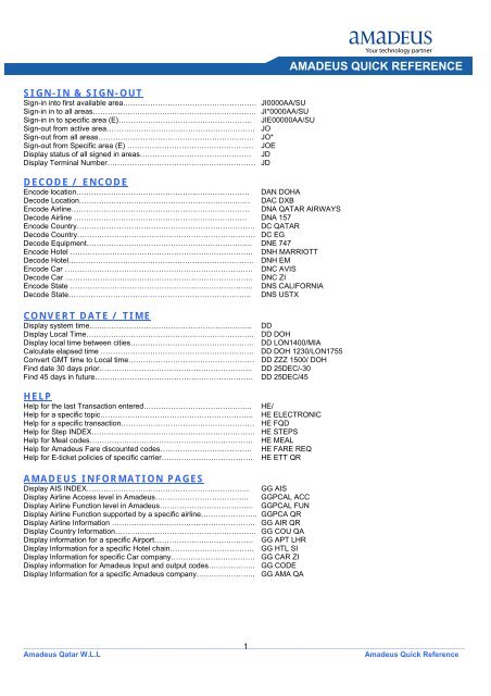 AMADEUS QUICK REFERENCE