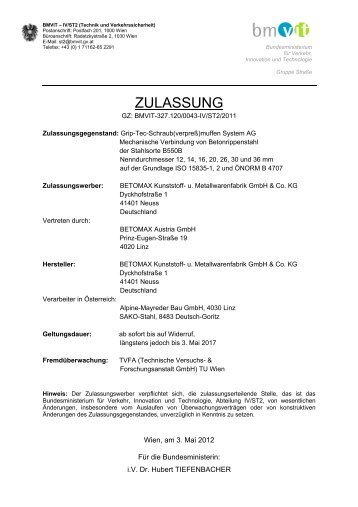 Typenblatt zur Zulassung - Betomax