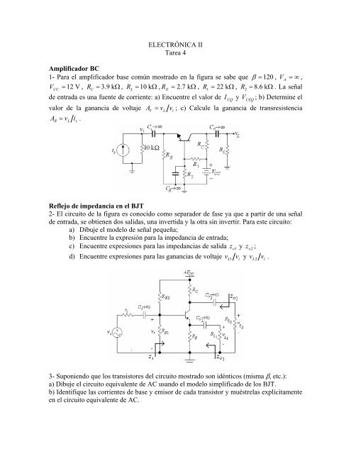 ELECTRÃ“NICA II Tarea 4 Amplificador BC 1- Para el amplificador ...