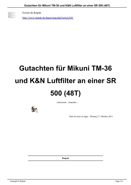 Gutachten für Mikuni TM-36 und K&amp;N Luftfilter an einer SR ... - Ratpak