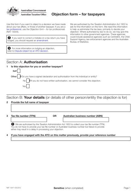 Objection form - for taxpayers - Australian Taxation Office