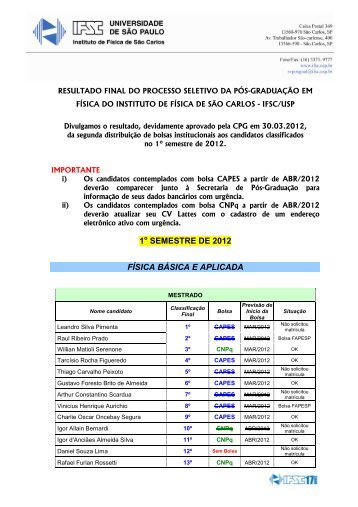 CLIQUE AQUI E VEJA O RESULTADO (2Âª distribuiÃ§Ã£o) - IFSC - USP