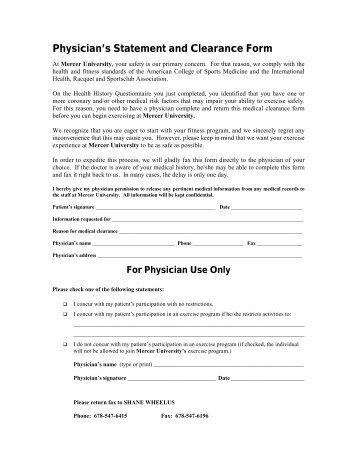 Physician's Statement and Clearance Form - Mercer University