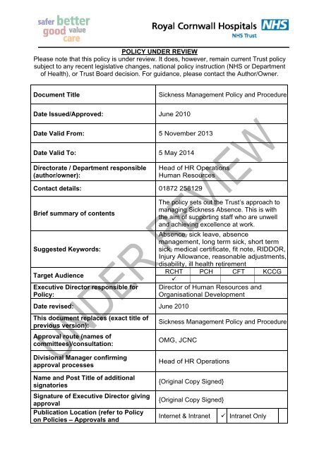 Sickness Management Policy - the Royal Cornwall Hospitals Trust ...