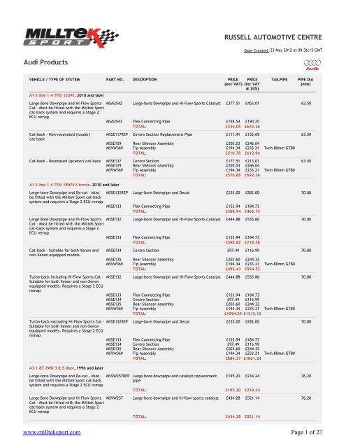 Audi Milltek price list - Russell Automotive Centre