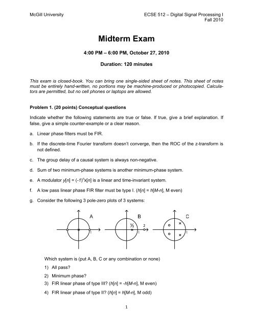 Midterm Exam 10 Ecse 512 A Digital Signal Processing 1