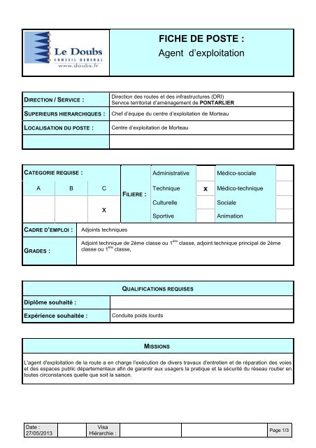 FICHE DE POSTE  Agent d'exploitation