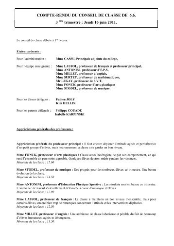 COMPTE-RENDU DU CONSEIL DE CLASSE DE 6.6. 3 trimestre ...