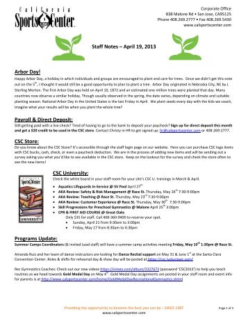 Staff Notes – April 19, 2013 Arbor Day! - California Sports Center