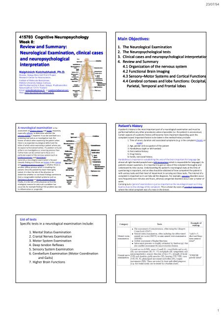 Neurological Examination, clinical cases and neuropsychological ...