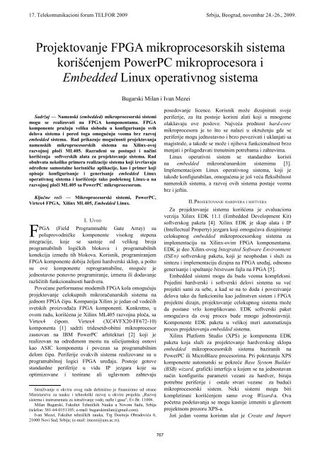 Projektovanje FPGA mikroprocesorskih sistema ... - Telfor 2009