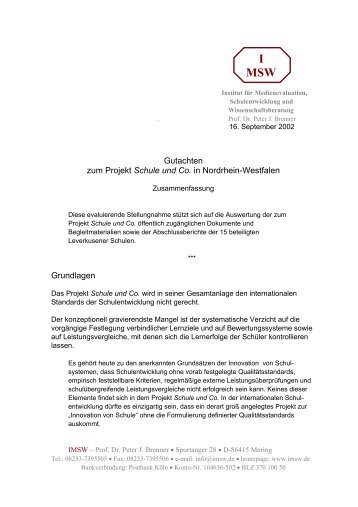 Gutachten zum Projekt Schule und Co. in Nordrhein-Westfalen - IMSW