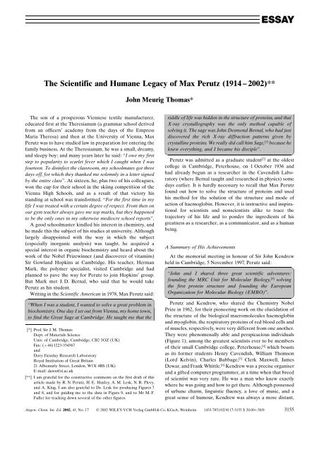 The Scientific and Humane Legacy of Max Perutz - Molecular ...
