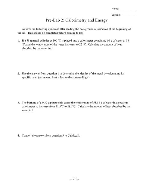 Calorimetry Lab Answers