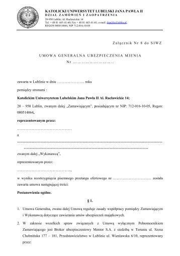 Wzór umowy generelnej ubezpieczenia mienia - Załącznik ... - Lublin