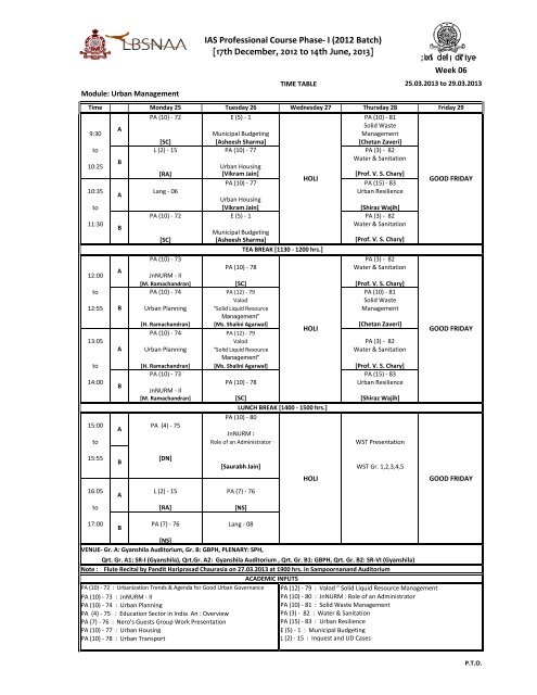 Time Table Week - 06. (Urban Management) - lbsnaa