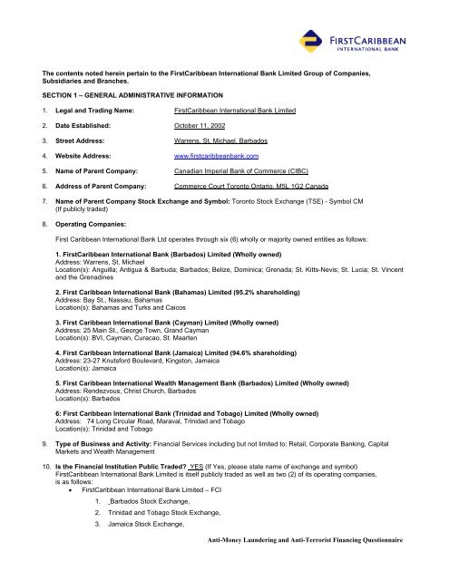 Anti Money Laundering And Anti Terrorist Financing Questionnaire