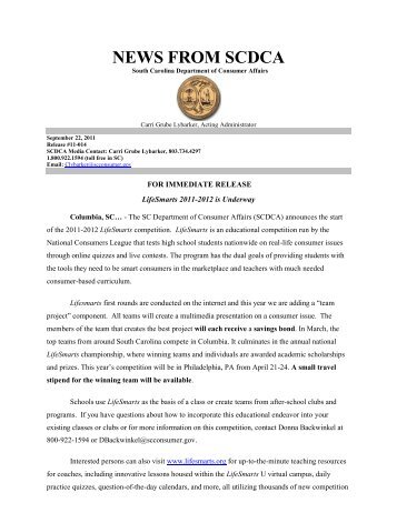 FOR IMMEDIATE RELEASE - SC Consumer Affairs