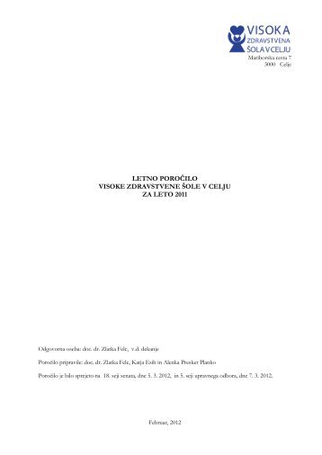 Letno poroÃ„Âilo VZSCE za leto 2011 - Visoka zdravstvena Ã…Â¡ola v Celju