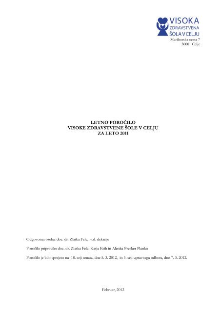 Letno poroÃ„Âilo VZSCE za leto 2011 - Visoka zdravstvena Ã…Â¡ola v Celju