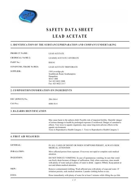 Safety Data Sheet Lead Acetate J M Loveridge Plc