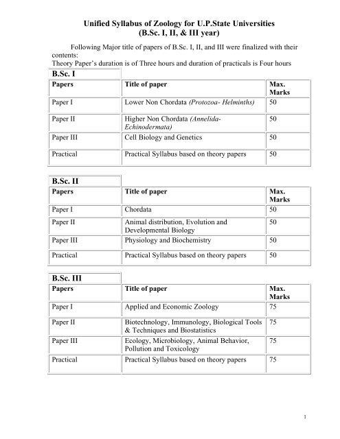 Unified Syllabus of Zoology for  Universities (. I, II, &  III ...
