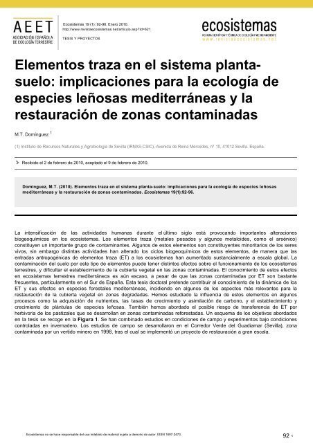 Elementos traza en el sistema planta- suelo - Revista Ecosistemas