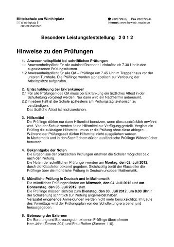 Besondere Leistungsfeststellung 2 0 1 2 Hinweise zu den Prüfungen