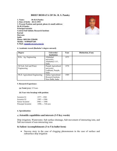 Dr. R. S. Pandey - Central Soil Salinity Research Institute