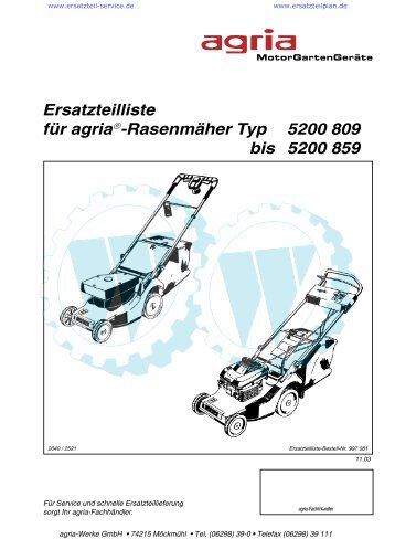 Ersatzteilliste fÃƒÂ¼r agria -RasenmÃƒÂ¤her Typ 5200 809 bis 5200 859