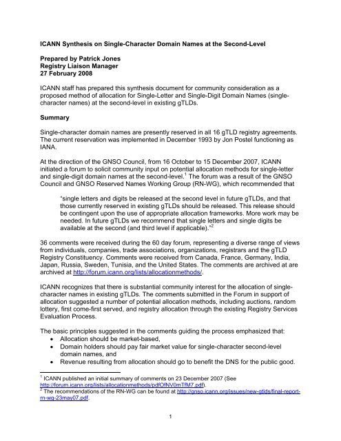 Icann Synthesis On Single Character Domain Gnso Icann Images, Photos, Reviews