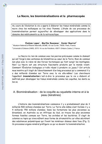 La Nacre, les biominÃ©ralisations et la pharmacopÃ©e