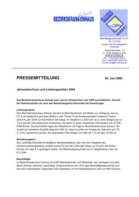 PRESSEMITTEILUNG - Bezirkskrankenhaus Schwaz