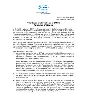 Communiqué - Orientation préliminaire de la CPTAQ - Rabaska