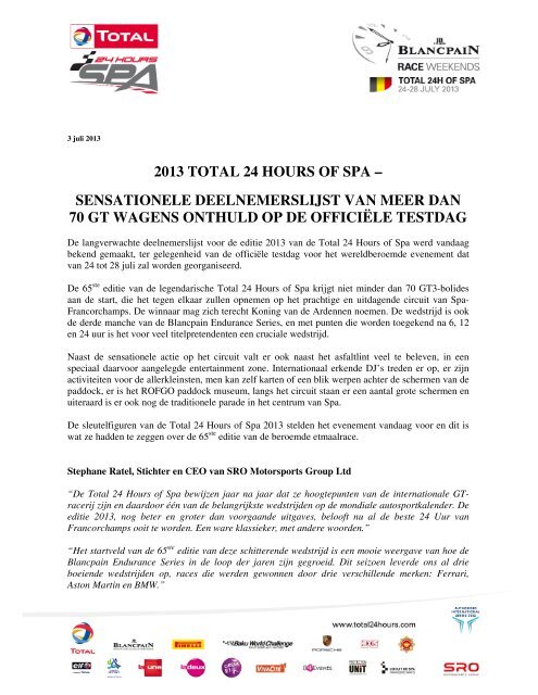 to view the full press release - Total 24 hours of Spa 2013